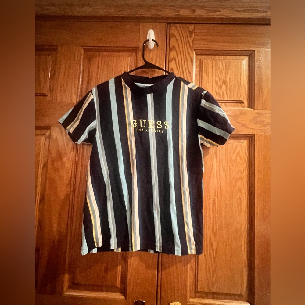 GUESS - Striped Logo Tee in Navy, Light Blue & Yellow